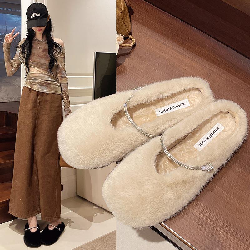 Simple and Beautiful Fluffy Slippers Women's New Autumn and Winter Outer Wear Velvet Flat Bottom with Skirt Bag Head Slippers