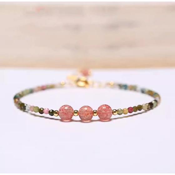 Natural small tourmaline ultra-fine crystal bracelet for female students, genuine strawberry crystal flower beads gift, small gemstone Tourmaline Strawberry Qua