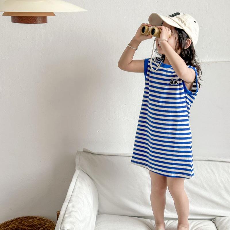 2024 Girls' Korean Style Navy Striped Sleeveless Mid-Length T-Shirt Dress