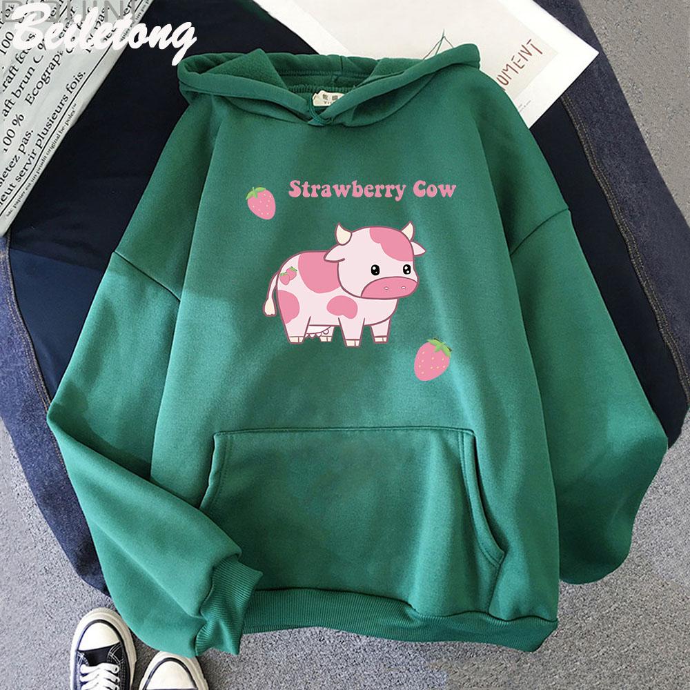 Cow and Strawberry Kawaii Hoodies Casual Pullover Loose Sweatshirt Aesthetic Clothes for Women Funny Sudadera Mujer Blue Cartoon
