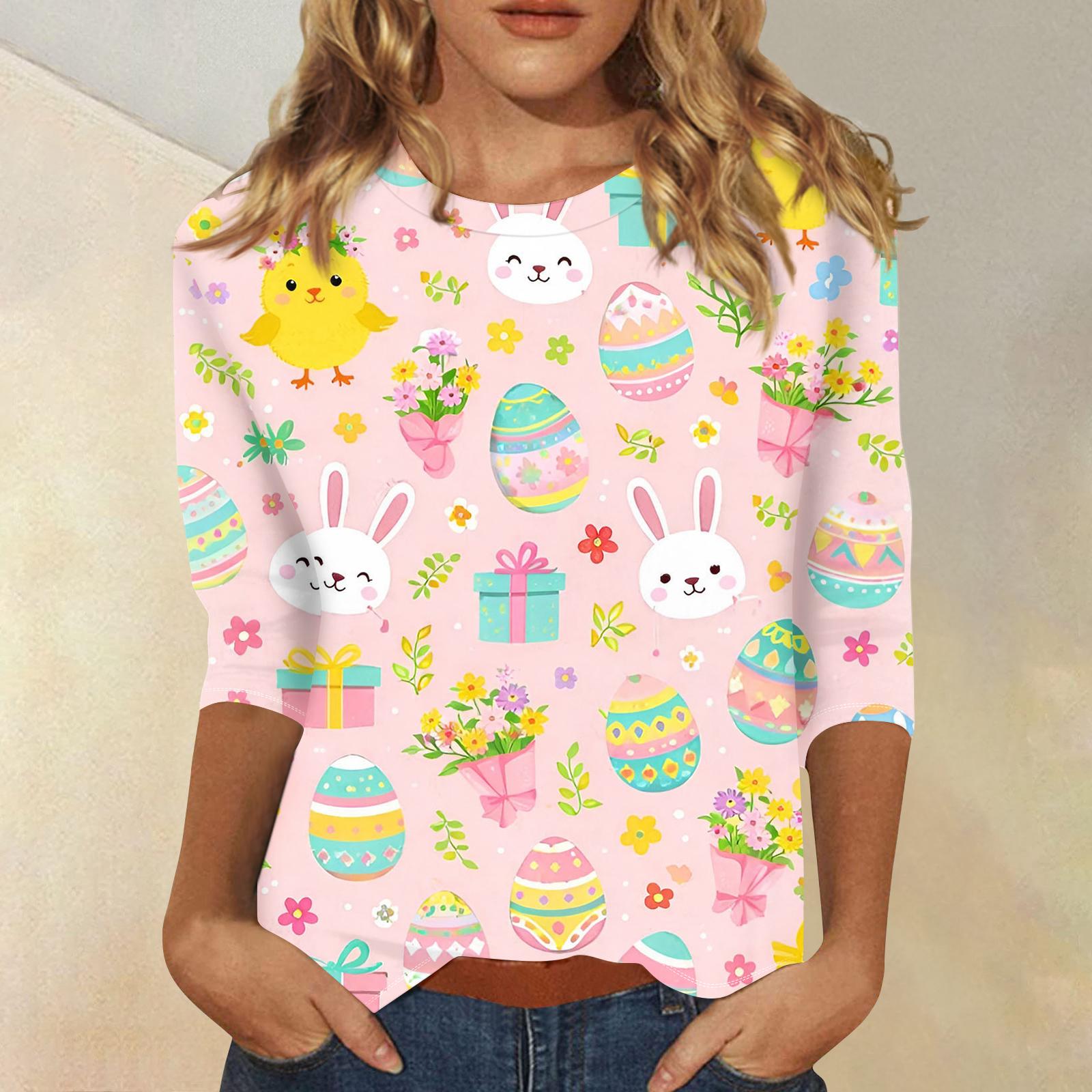 

Women s Fashionable Casual Three-quarter Sleeve Easter Print Round Neck Pullover Top S