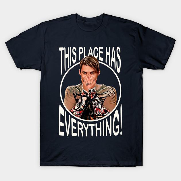 

Men Black Print T-shirt Stefon - This Place Has Everything No-Cut Transfer Paper Print Cotton Tshirt 4XL Темно-синій
