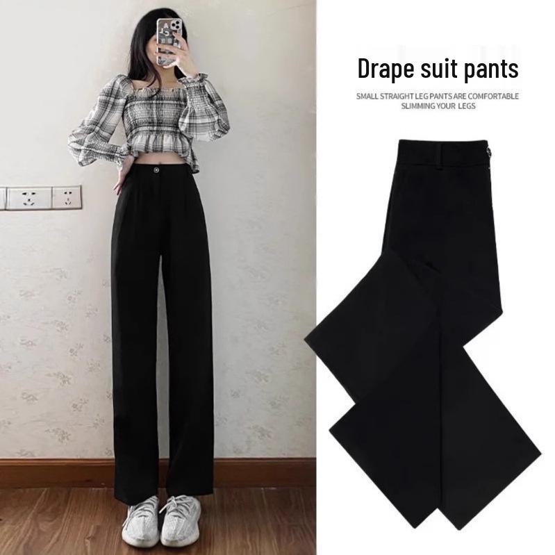 2025 Women's Summer Black Wide-Leg Drape Suit Pants