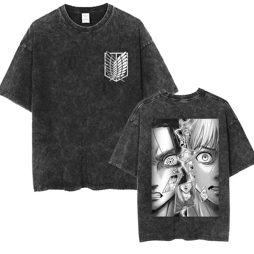 Vintage Washed T-shirt Man 2026 Attack on Titan Men Women Short Sleeve Tee Streetwear Oversized Anime Print Casual Tops Summer Y2k