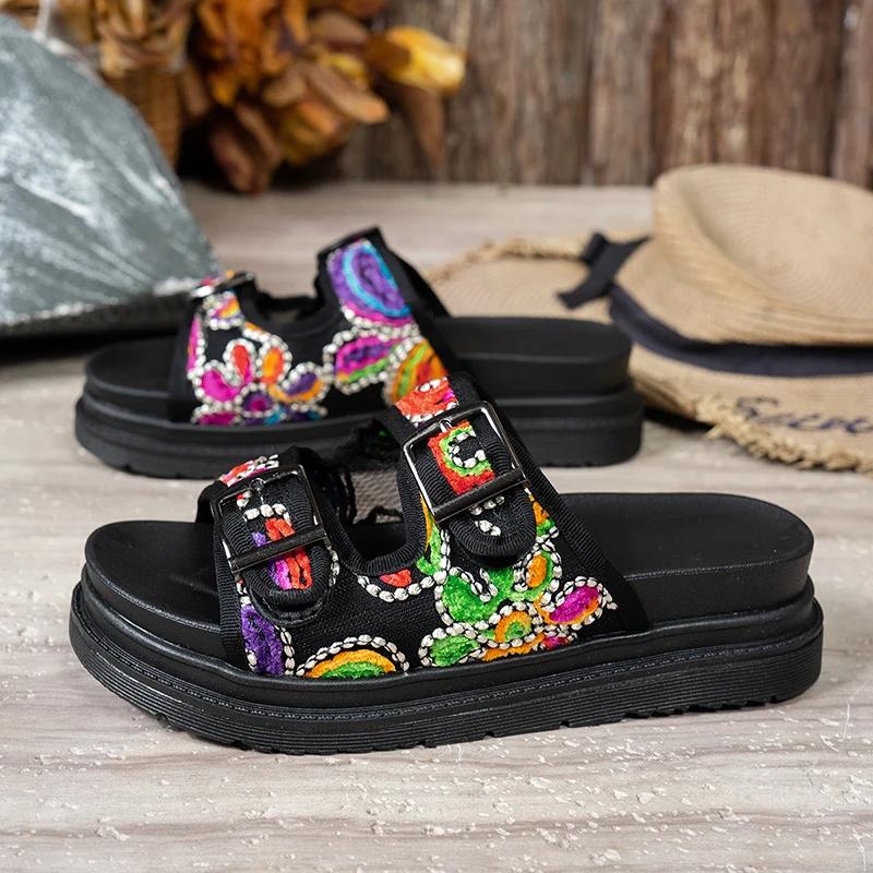 Fashion Women Shoes Mix Color Chunky Platform Slippers Women 2025 Fashion Flowers Non-Slip Sandals Woman Buckle Soft Thick Bottom Slides