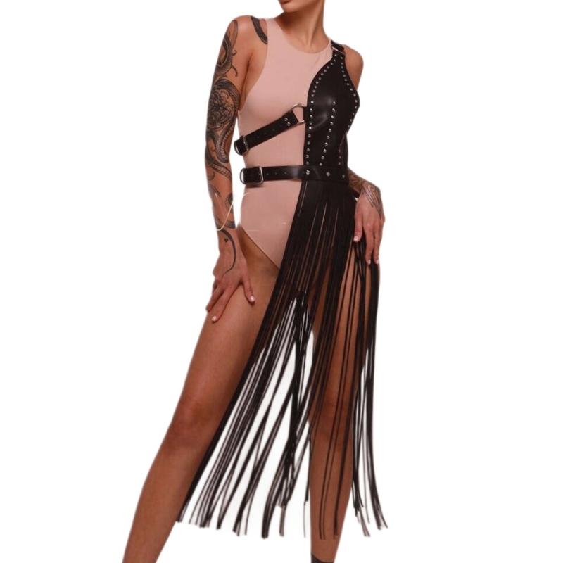 Punk Fringed Waist Belt Long Suspender Belt For Women PU Leather Adjustable Accessory For Party and Stage Performances
