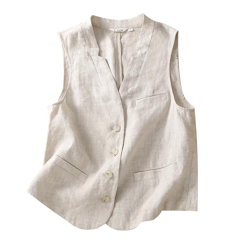 Vintage Women Vest Cotton Linen Casual Loose Vest Outerwear Single Breasted V Neck Sleeveless Vests Jackets 2024 Summer Top
