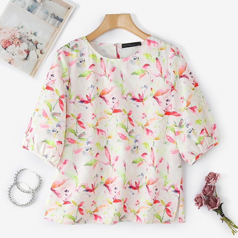 

ZANZEA Women Casual Round Neck Loose Floral Print 3/4 Sleeve Blouse 5XL білий