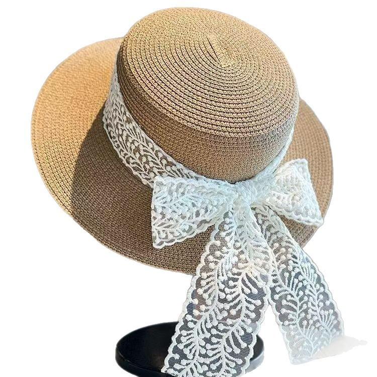 Girls Japanese-Style Bow Tie Lace Flat Brimmed Sun Hat For Outdoor Travel Wide Brim Sun Protection Shade Hat