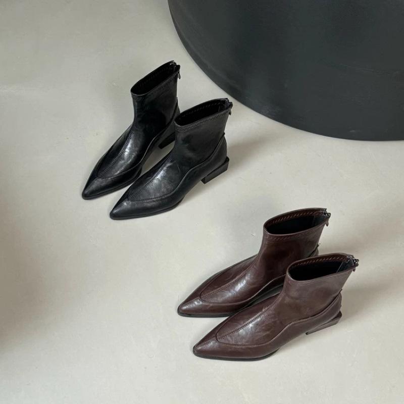 Pointed French Short Boots Women's Shoes Autumn and Winter New Soft Leather Martin Boots Thick Heel Versatile Chelsea Thin Boots