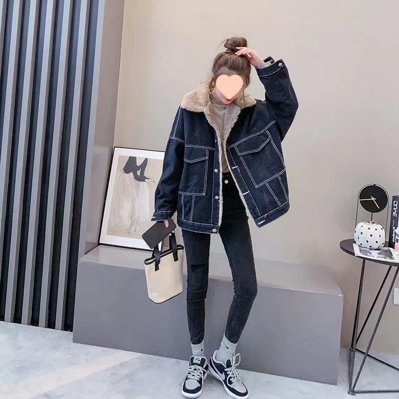 Women's Korean-Style Lambswool Denim Jacket - Autumn/Winter Loose Fit, Short Petite Student Design, Plus Velvet, Thick Cotton
