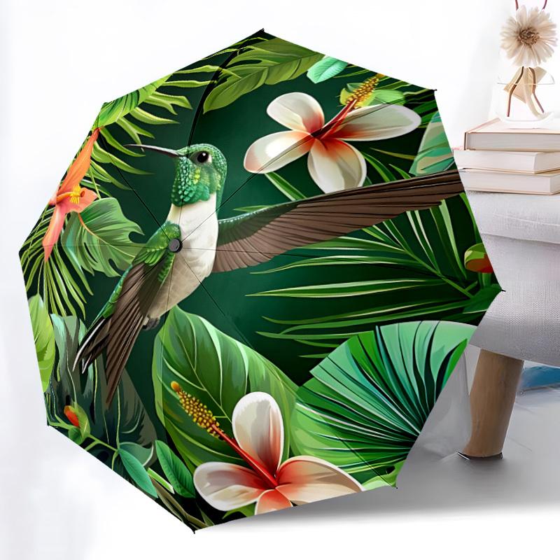 1pc Hummingbird Tropical Automatic Open/close, Heavy-Duty Iron Frame & 8-Rib Structure, Compact Folding Umbrella for Women/Men, All-Season Travel, Hal