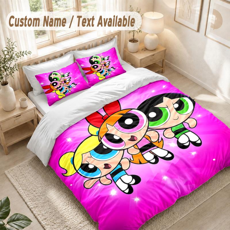 The Powerpuff Girls Bedding Set, 1 Duvet Cover & 2 Pillowcases Soft Comfortable Bedroom Home Textile Decor