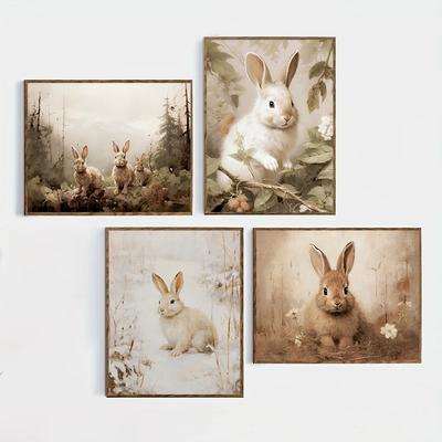 Vintage Easter Cute Little Rabbit Wildflower Posters and Prints Canvas Printing Wall Art Picture for Living Room Home Decoration