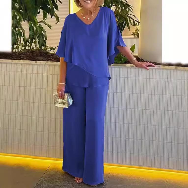 Plus Size V-Neck Solid Color Casual Set with Irregular Hem (2024)