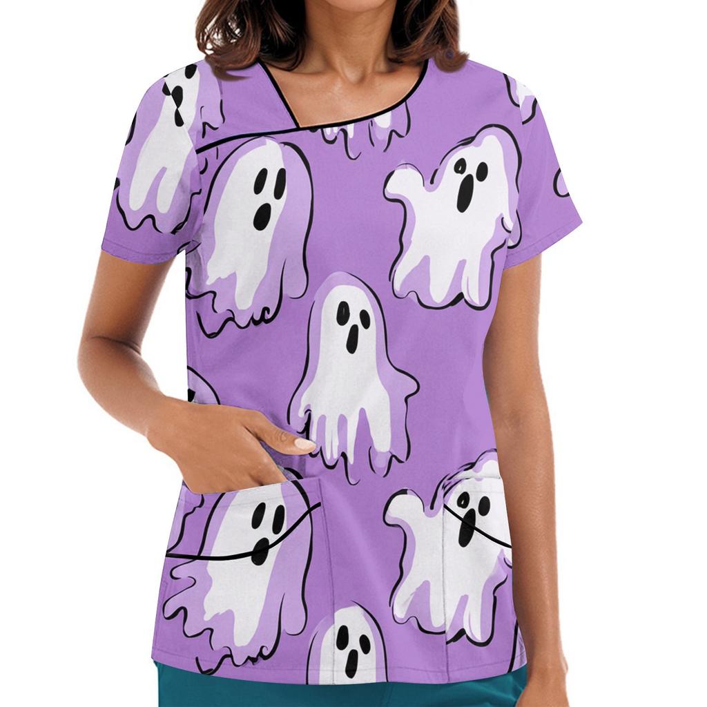 Dámské potištěné pracovní oblečení, šikmý límec a dvojité kapsy, základní top pulovr