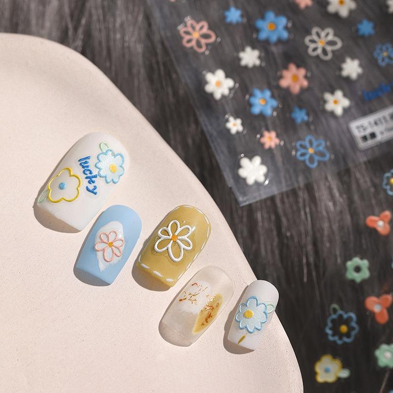 5D Summer Flower Embossed Nail Sticker Gel Polish Sticker For Nail Decoration Bear Decals Self-adhesive Sliders Manicure Design