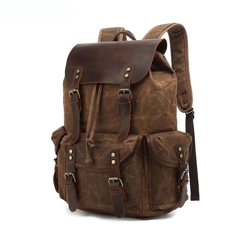 Men's and Women's Backpacks Retro Shoulder Travel Bag Computer Travel Bag Waxed Canvas with Crazy Horse Bag