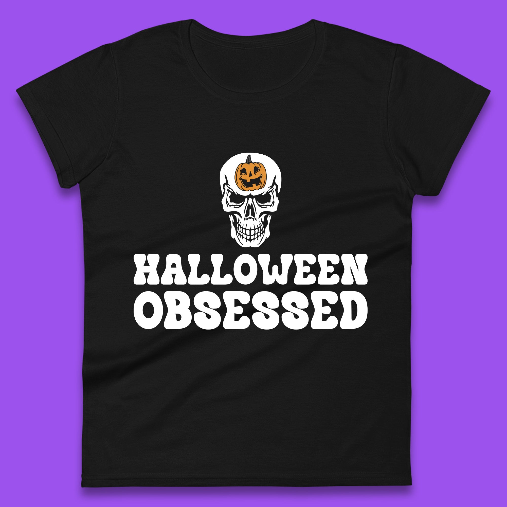 Skull Pumpkin Halloween Obsessed Funny Pumpkin Obsessed Party Spooky Season Womens Tee T Shirt Mens Tops Unisex Top S