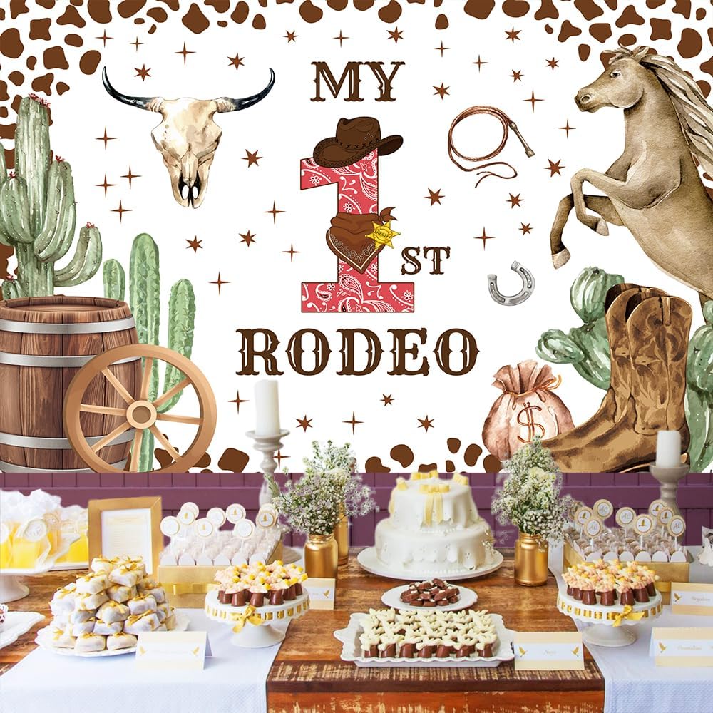 My First Rodeo Cow Print Baby Backdrop - 7x5ft, Perfect for Birthday and Cowboy Party Supplies