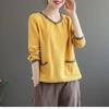 Spring Autumn Plus Size Artistic Vintage Floral V Neck Long Sleeve Linen Loose Versatile Pullover Top