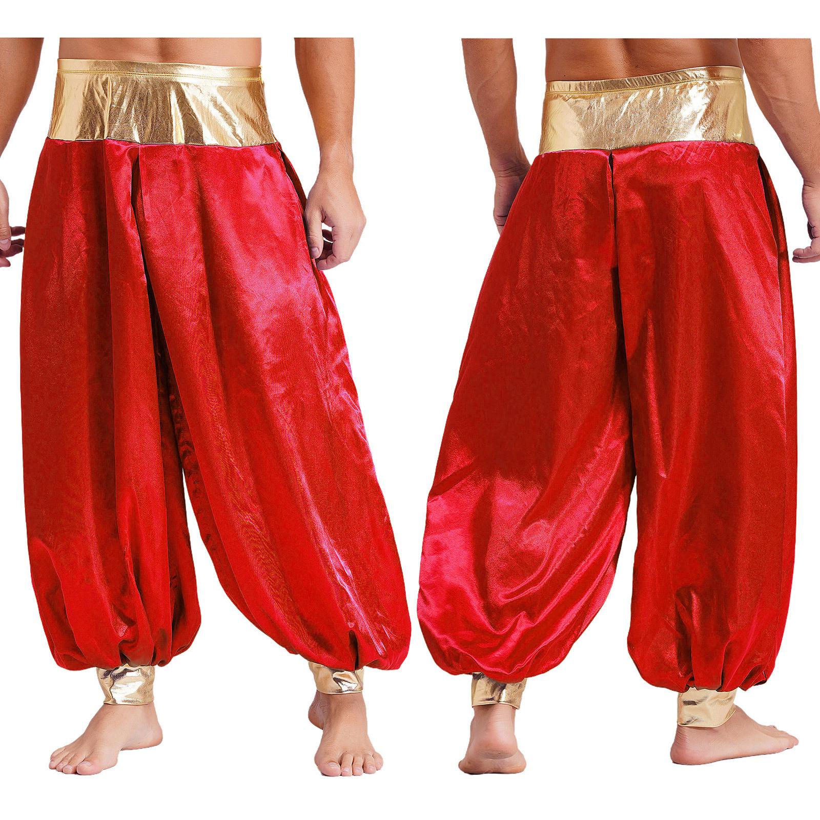 

S-4XL Men s Magical Hippie Harem Pants Shiny Metallic Patchwork, Arabian Prince Costume Lantern Pants for Halloween Cosplay Party M бордовий