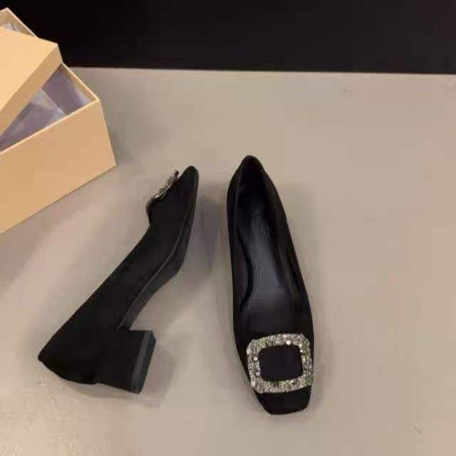 

French high heels square head rhinestone single shoes women s shoes 2025 new autumn and winter velvet black thick heel commuter shoes 35