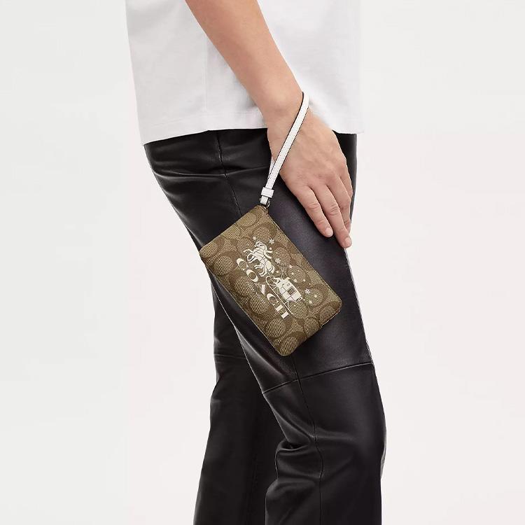 Coach Corner Zip Wristlet 16 Classic Monogram Print Coated Canvas And Smooth Leather Clutch Mini Women Clutch Gold Khaki Chalk CN755-IMDJ8
