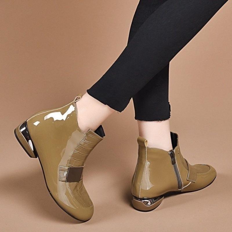 New Style Short Boots Women's Thick-heeled Flat Shoes Lacquer Leather Boots