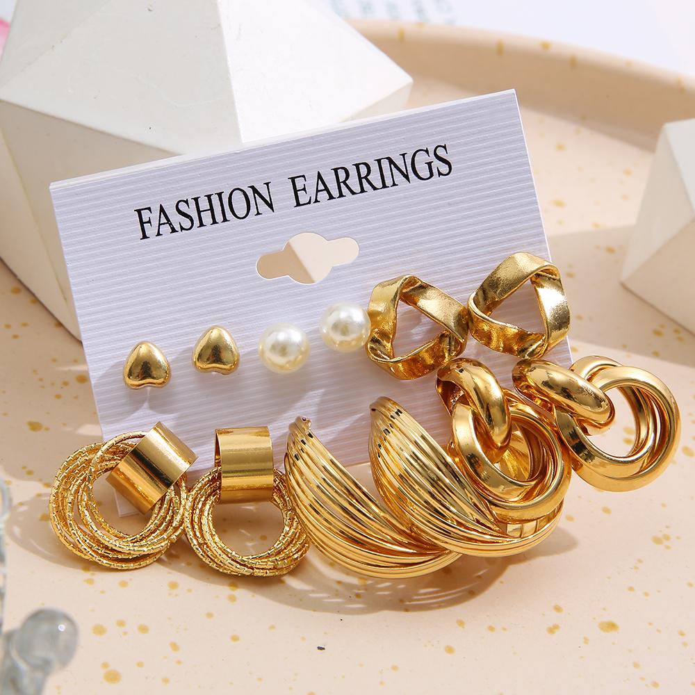 IF ME Vintage Gold Plated Earrings Set Metal  Heart Twist Geometric Hollow Hoop Earrings For Woman Fashion Jewelry Gifts