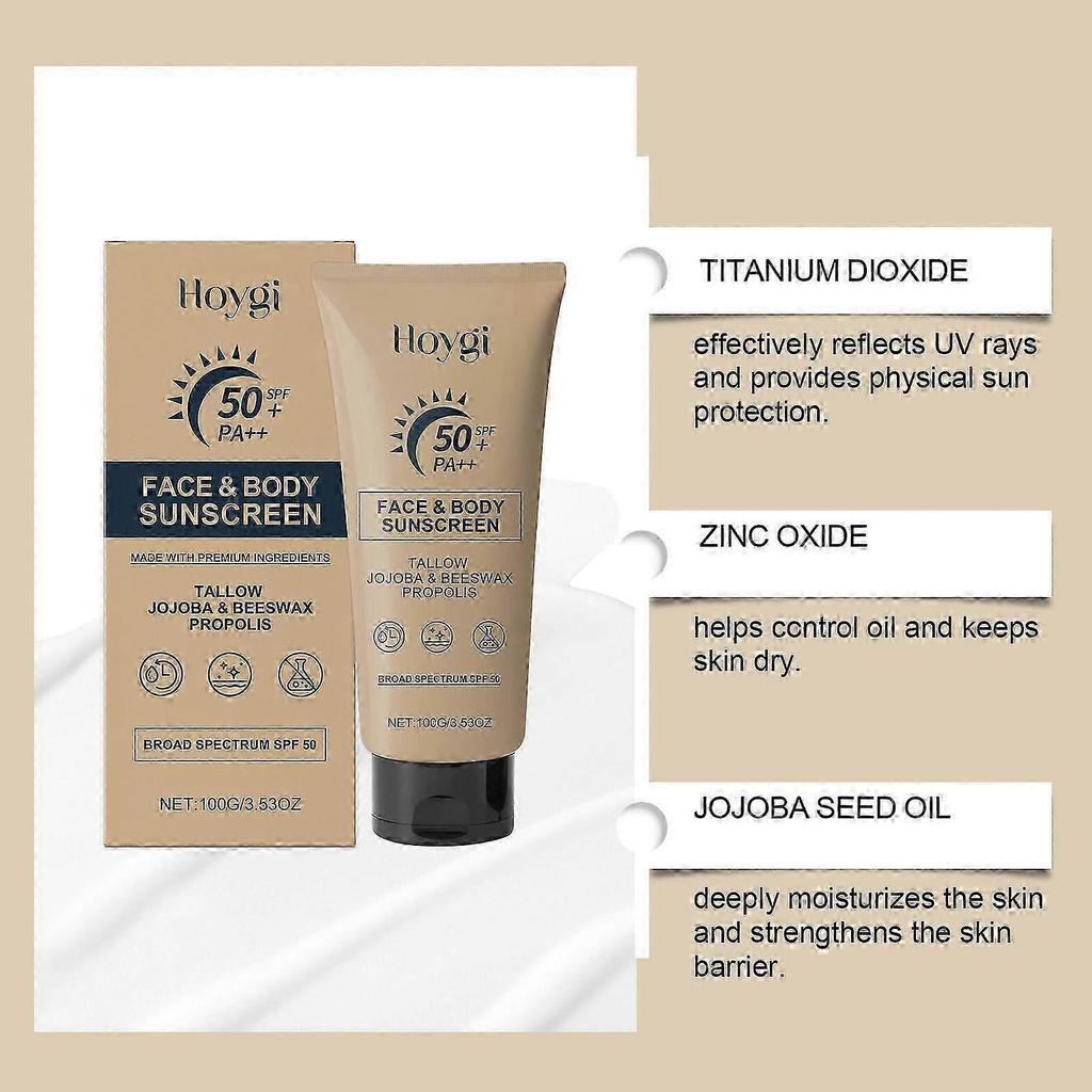 Face & Body Sunscreen SPF 50+ PA++, Natural Tallow Jojoba & Beeswax Propolis Sunblock Moisturizer, Refreshing & Non-Greasy