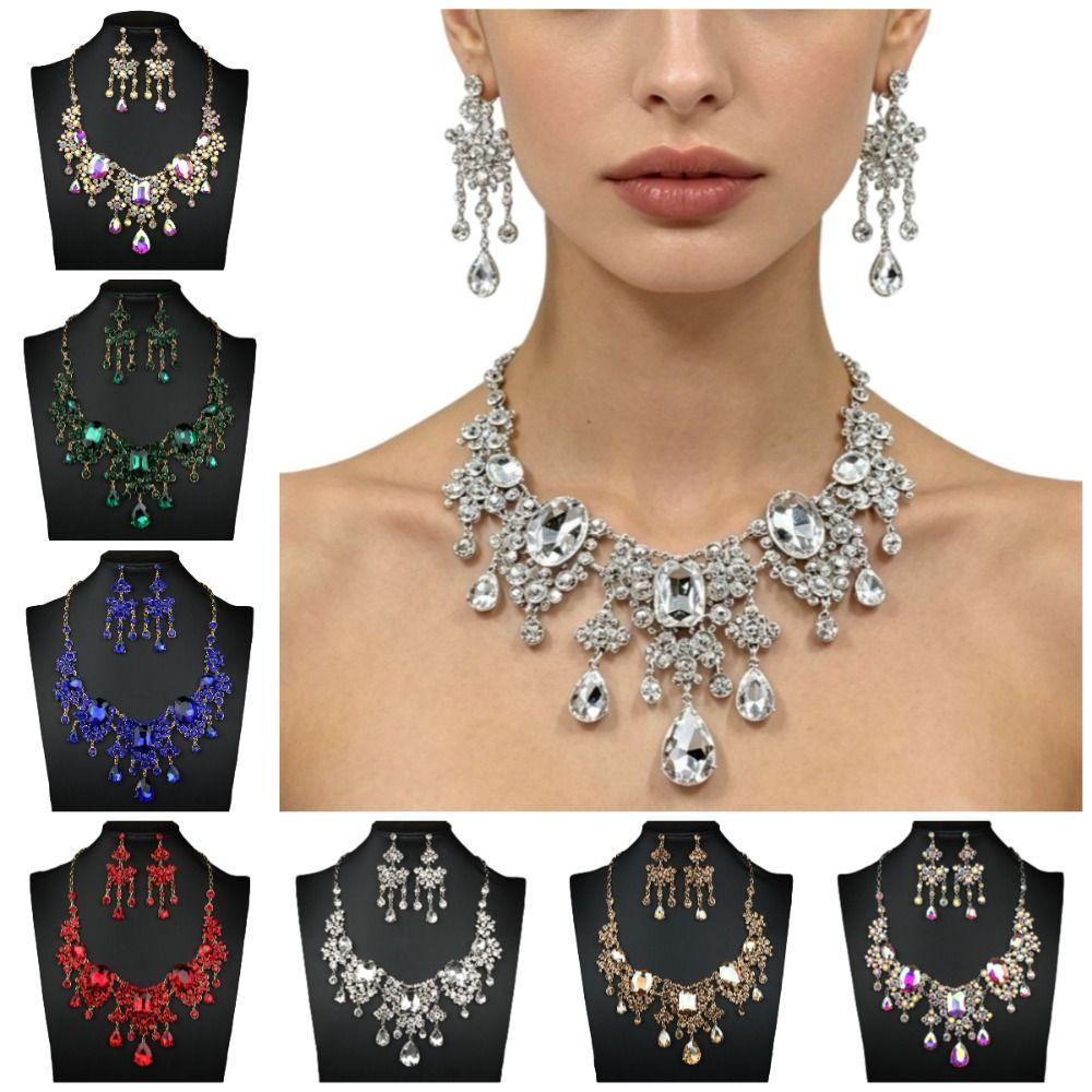Shiny Necklace Earrings Set Baroque Wedding Bridal Accessories Rhinestone Jewelry Set Prom Event