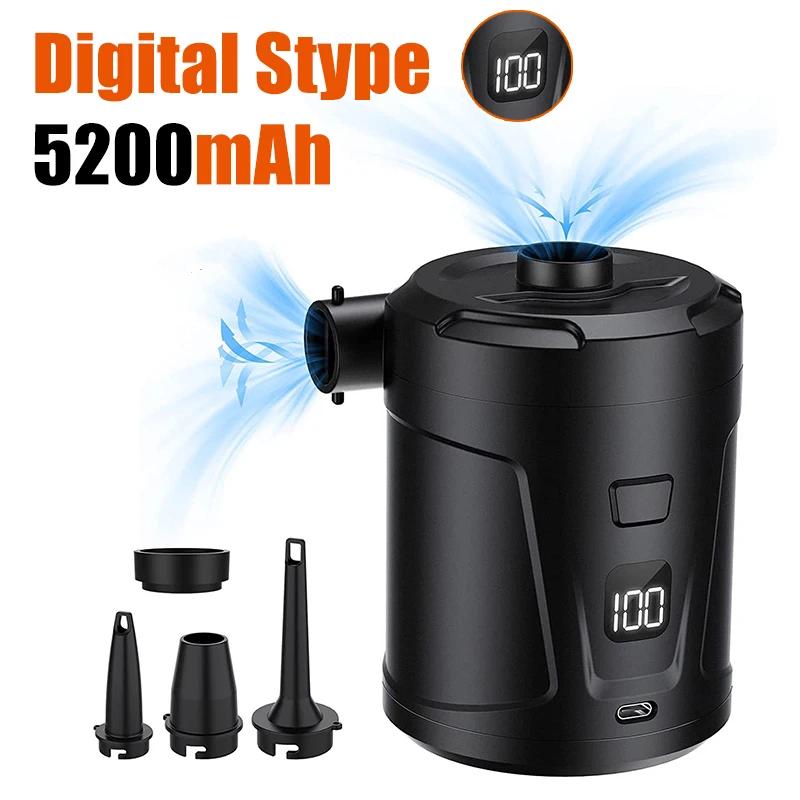 Portable Mini Electric Air Pump Inflator with 3 Nozzles 5200mAh Battery for Air Mattresses Pool Floats PVC Boat Swimming Ring
