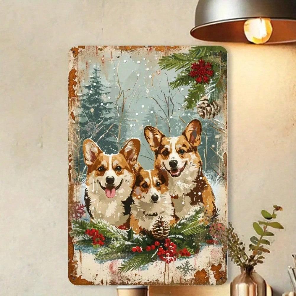 Vintage Christmas Corgi Metal Tin Sign Wall Art 20x30cm Home Gym Cafe Decor