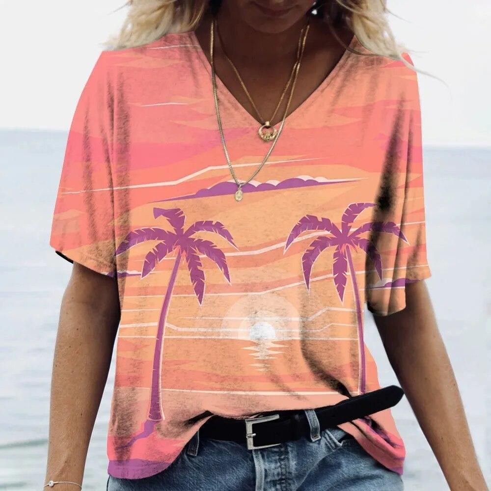 Havajské tričko Dámský top top s výstřihem do V s krátkým rukávem Kokosový potisk Tričko Dámské oversized oblečení Dovolená Dámský top