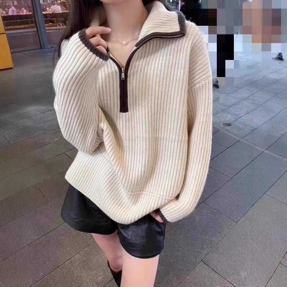 Women's Pure Wool High-Neck Half-Zip Cashmere Sweater - Loose Fit for Autumn/Winter