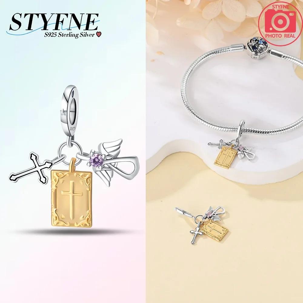 Original Charms Blue Cross Religious Winged Angel Gold Beads Fit Bracelet Copper Women Diy Fine Gift Accessory Set