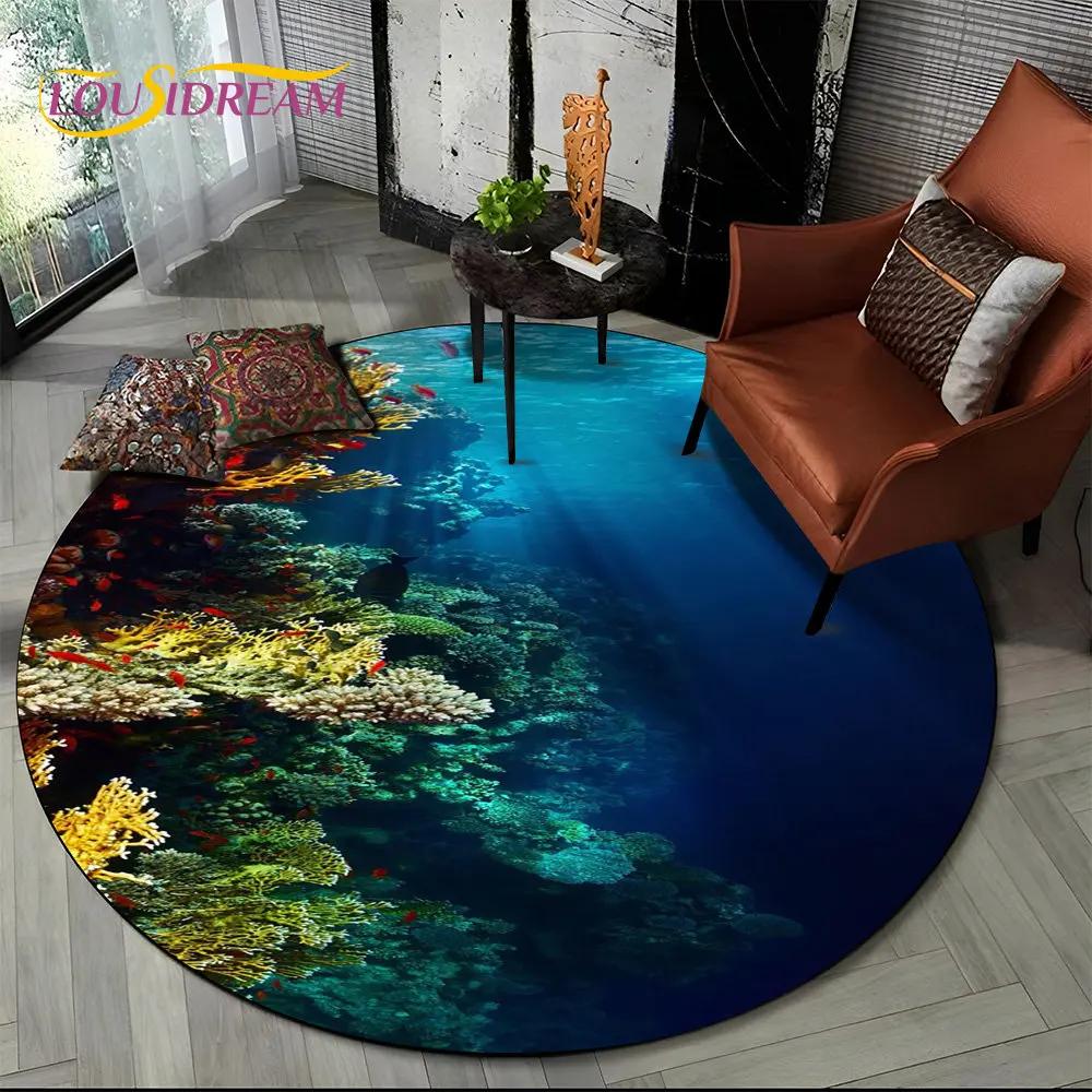 3D Seabed Underwater World Dolphin Turtle Round Area Rug,Carpet for Living Room Bedroom Sofa Playroom Decor,Non-slip Floor Mat