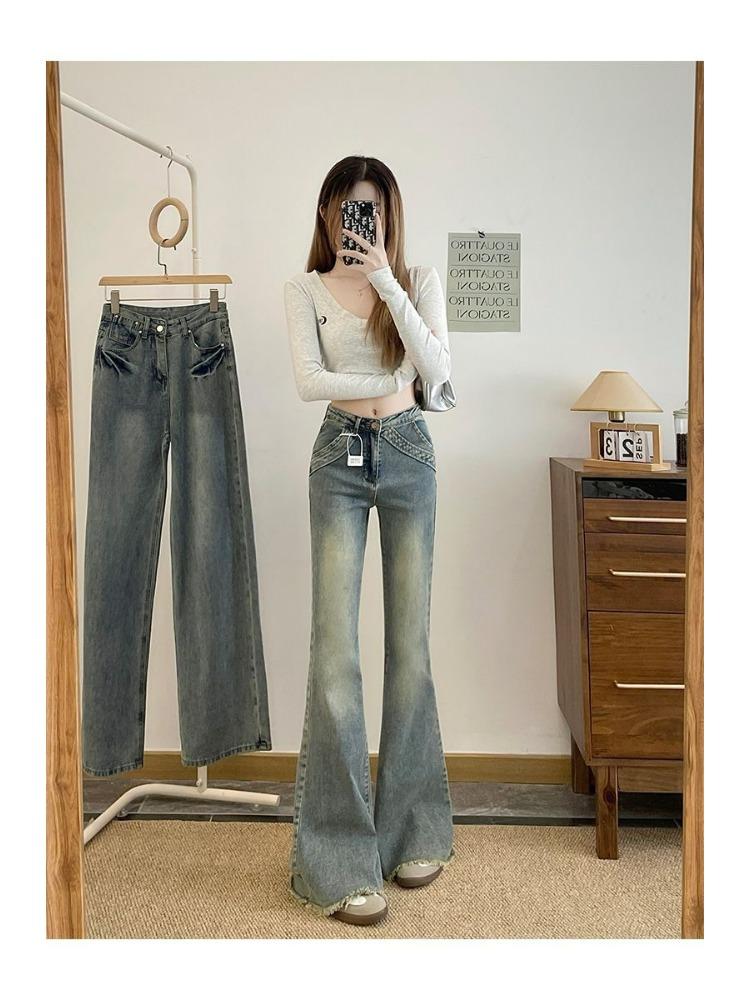 Raw Edges Autumn Micro Flare Jeans Female Big Size Slim Small People Hundred Show Skinny Trailing Trousers Jeans for Women Long Denim Pants