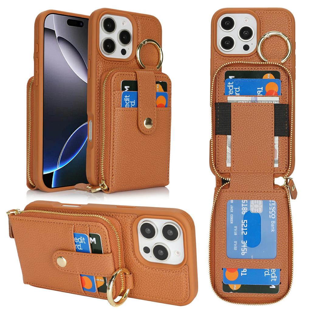 For iPhone 16 Pro Case with Zipper Pouch/Ring Kickstand/Strap Litchi Texture PU + TPU Phone Cover