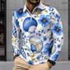 Men Plus Size Long Sleeve Quarter Zip Polo Shirt Blue Seashell Floral Print