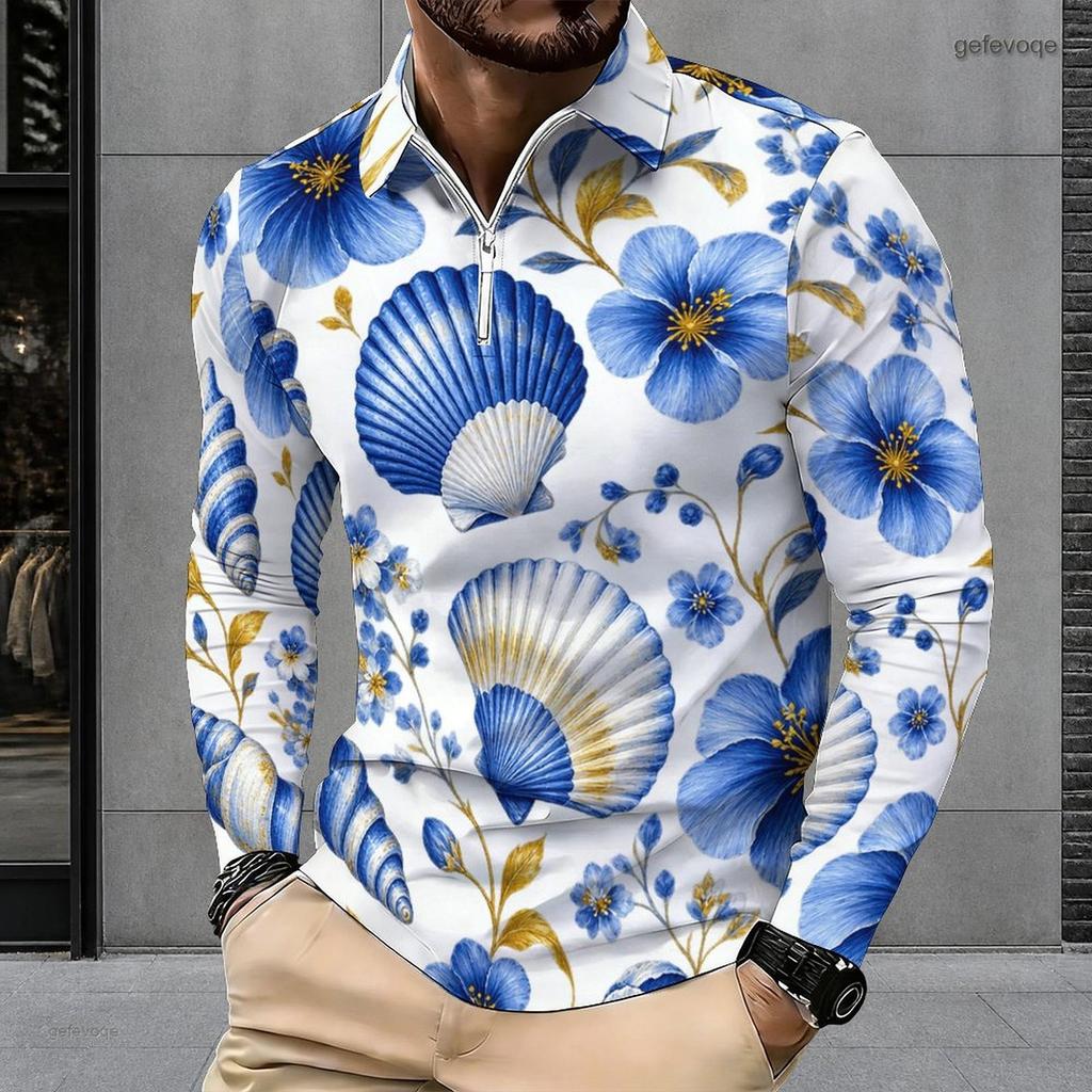 Men Plus Size Long Sleeve Quarter Zip Polo Shirt Blue Seashell Floral Print