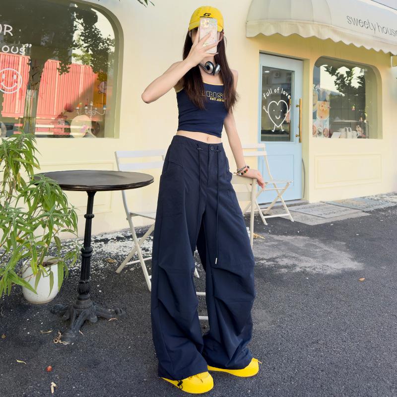 

Retro black overalls women s autumn new vertical pocket lazy wide-leg casual quick-drying sweatpants XL темно-синий