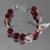 Chinese Style Red Crystal Feather Cross Pendant Bracelet For Girls Women Vintage Elastic Beaded Chain Bracelet Jewelry Gifts