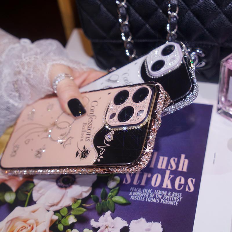 Snake Head Diamond Border Balloon Backboard with Acrylic Material Lens Film Case for iPhone 15 14Plus 13 12 11 Pro Max XSMax 8 7 Plus Protective Cover