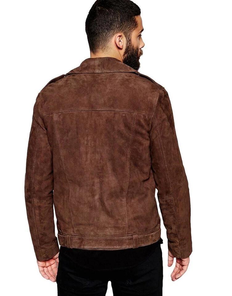 Genuine Suede Jacket Designer Lambskin Brown Handmade Motorcycle Biker Men Leather