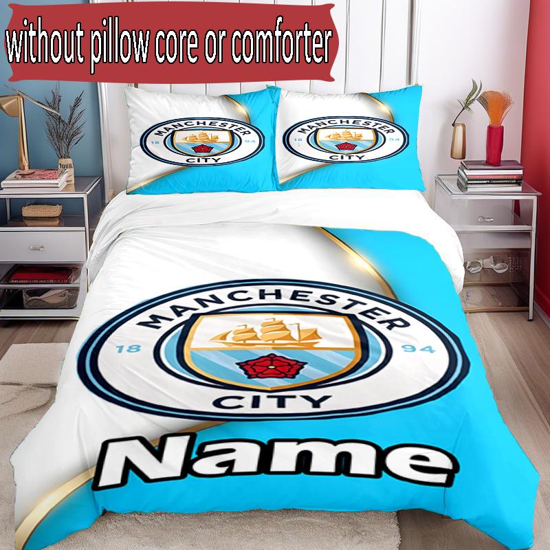 3pcs Duvet Cover Set (1*Duvet Cover + 2*Pillowcase, Without Core), Custom Name Manchester City FC Pattern Bedding Set, Home Bedroom Decor Gift