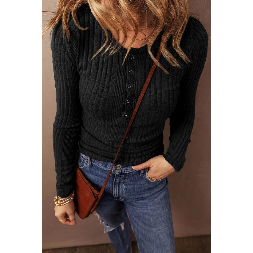 

2026 new wish women s buttoned elegant solid color long-sleeve T-shirt top for women S чёрный