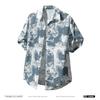 Men's Blue White Abstract Print Short Sleeve Shirt - Oversized Casual Streetwear Summer Button Up