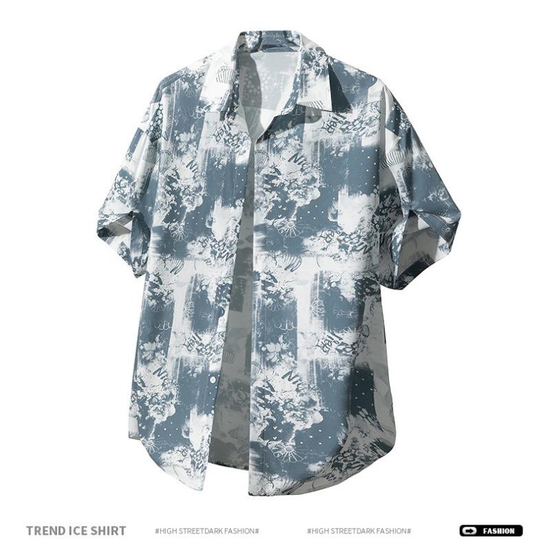 Men's Blue White Abstract Print Short Sleeve Shirt - Oversized Casual Streetwear Summer Button Up